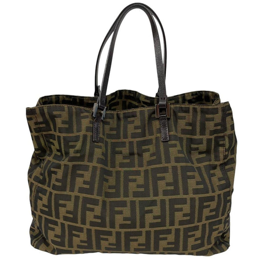 Fendi brown duffel bag featuring iconic Zucca monogram canvas and leather handles.