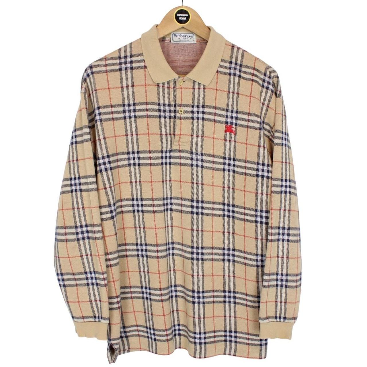 Vintage 90s Burberry Tan Brown Nova Check Long Sleeve Cotton Polo Shirt
