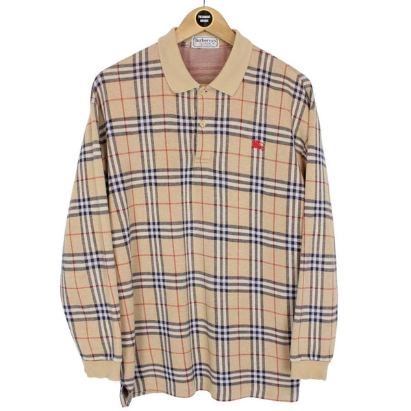 Vintage 90s Burberry Tan Brown Nova Check Long Sleeve Cotton Polo Shirt