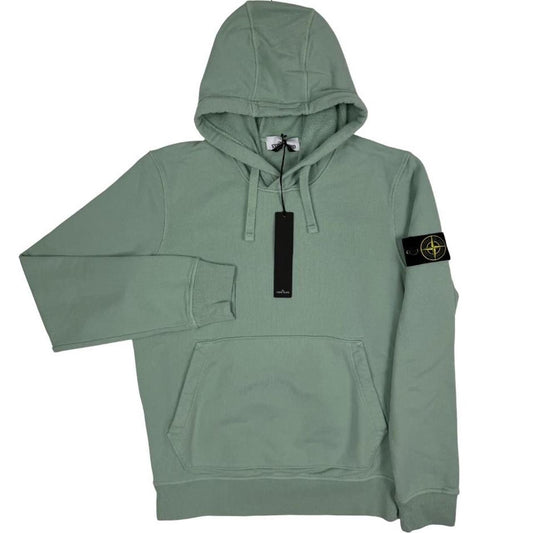 Stone Island green cotton hoodie with logo patch and drawstring hood.