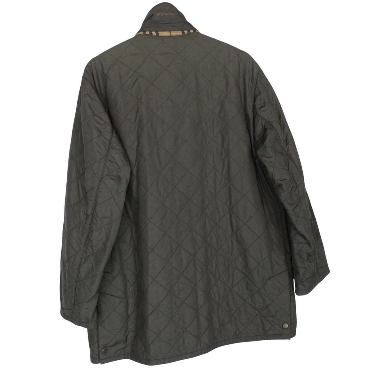 Burberry khaki green quilted field jacket with Nova Check pattern and logo details.