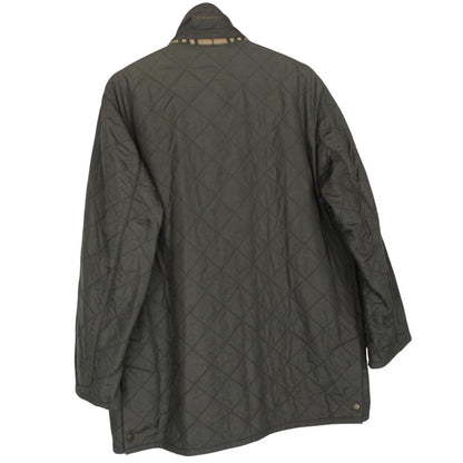 Burberry khaki green quilted field jacket with Nova Check pattern and logo details.