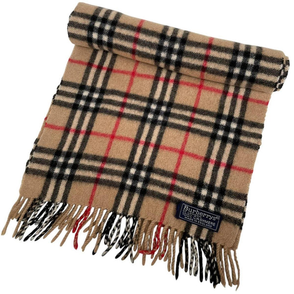 Burberry beige cashmere scarf featuring classic Nova Check pattern and logo detail.