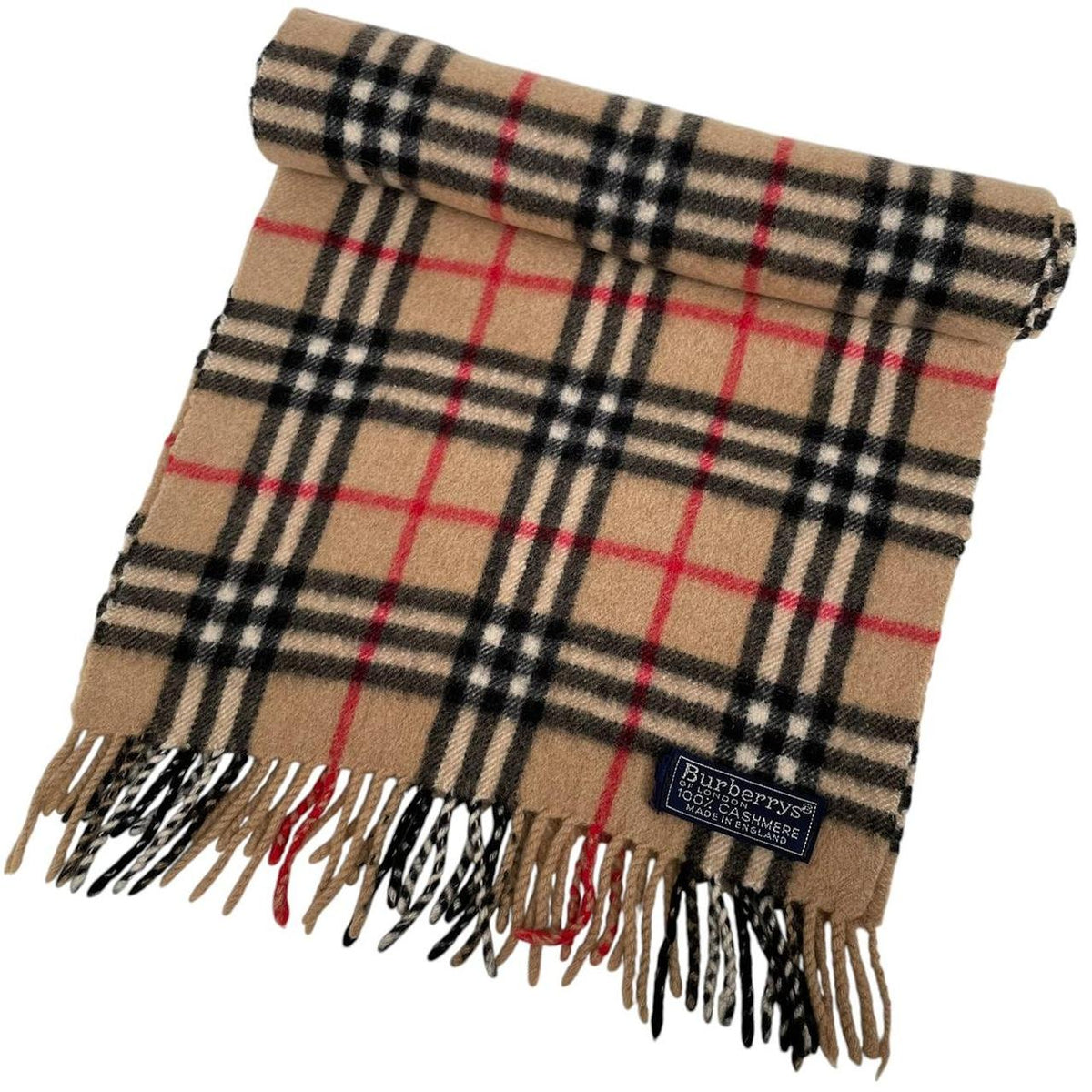 Burberry beige cashmere scarf featuring classic Nova Check pattern and logo detail.