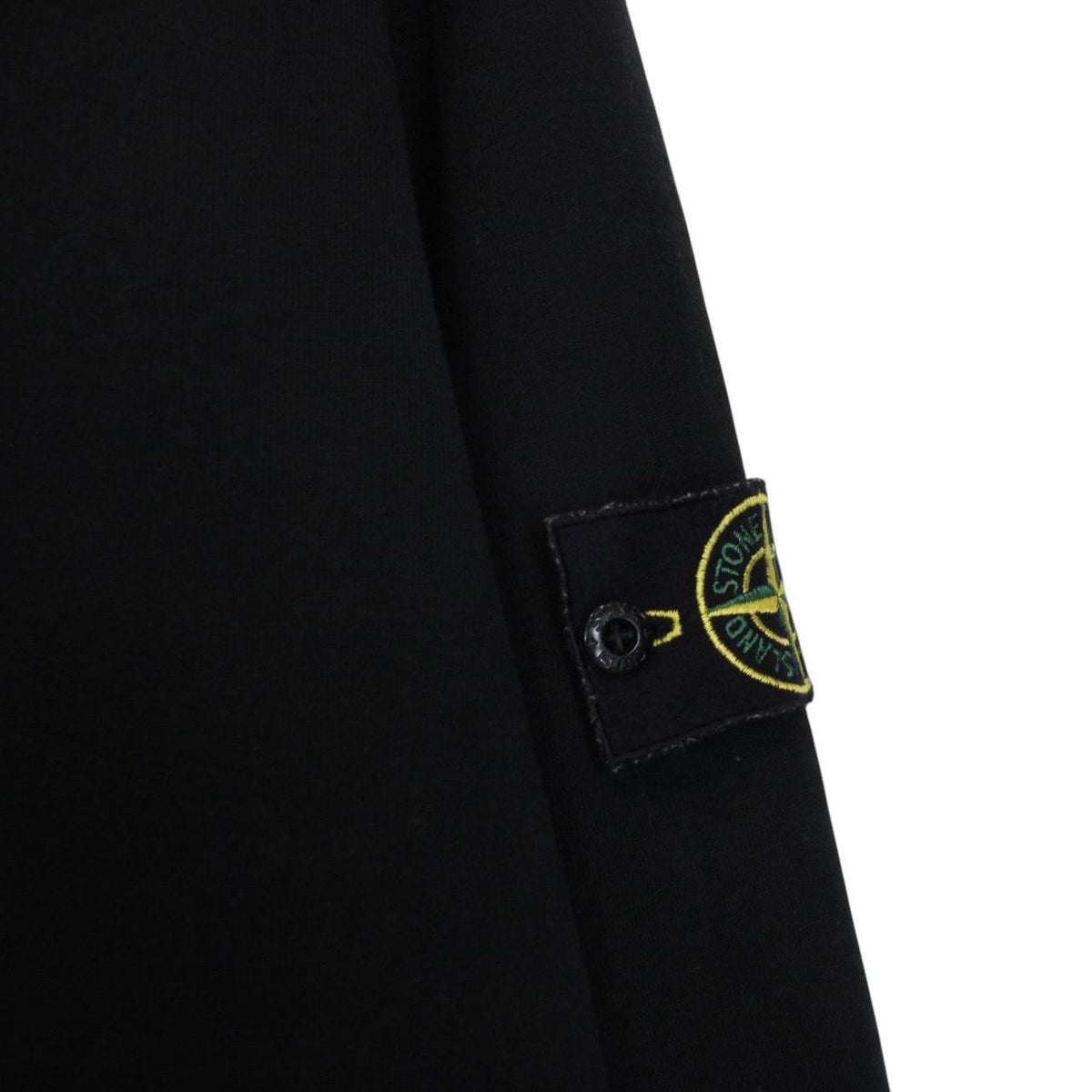 Stone Island black hoodie jumper with embroidered logo and cotton material.