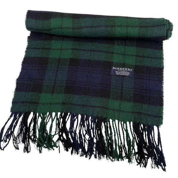 Vintage 90s Burberry Navy Blue and Green Check Lambswool Scarf