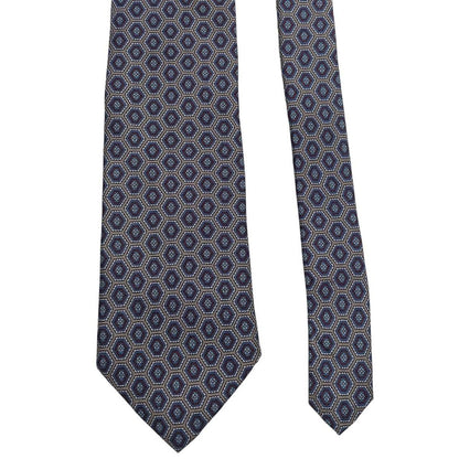 Aquascutum blue and grey silk tie with geometric print pattern.