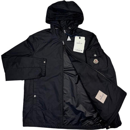 Moncler black windbreaker jacket, full zip, hooded, nylon material, logo on chest.