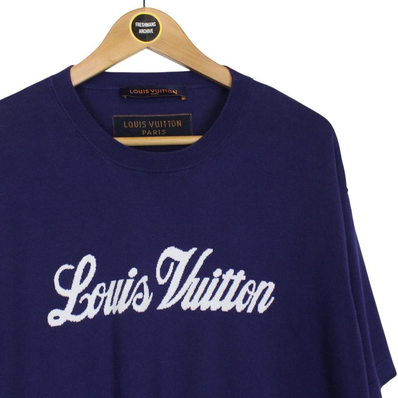 Louis Vuitton LV Logo Print Navy Blue and White Short Sleeve Cotton Knit T-Shirt