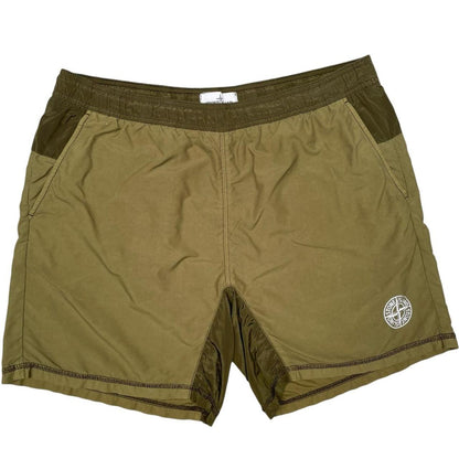Stone Island khaki green swim shorts brushed nylon with logo patch and back pocket.