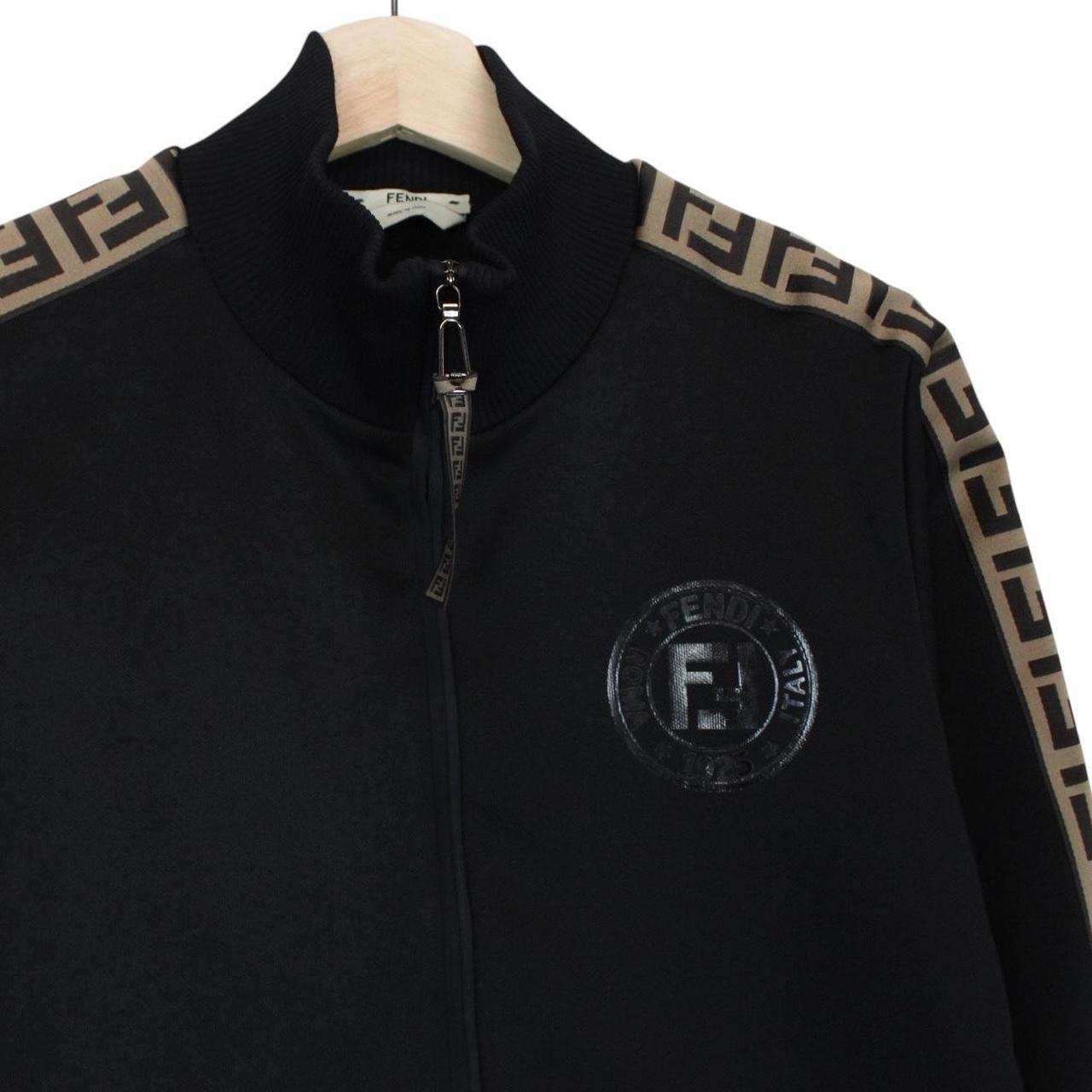 Fendi black and brown track jacket with Zucca monogram pattern and full zip.