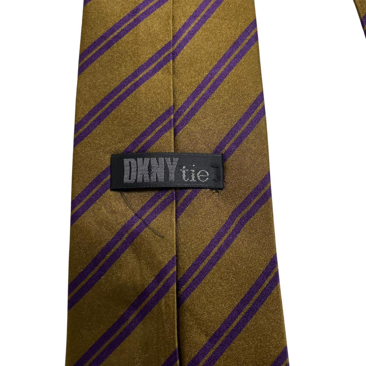 DKNY vintage khaki and purple striped silk tie with diagonal stripes and soft sheen.
