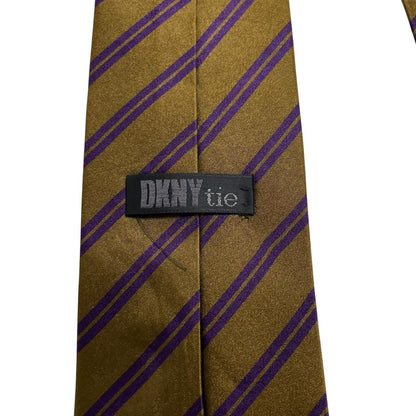 DKNY vintage khaki and purple striped silk tie with diagonal stripes and soft sheen.