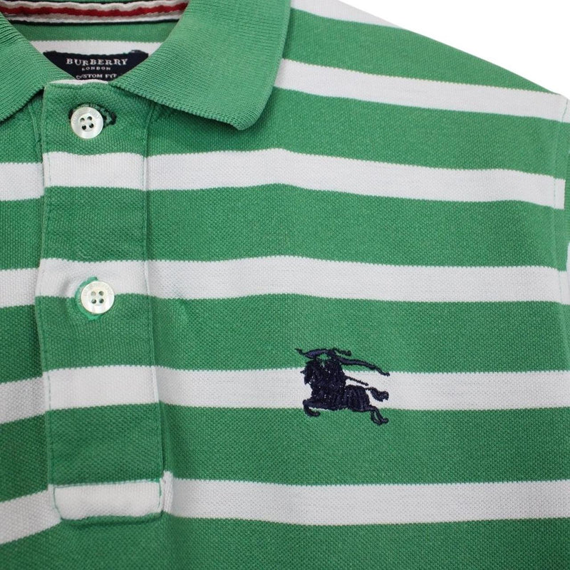 Burberry London Green and White Striped Short Sleeve Cotton Polo Shirt