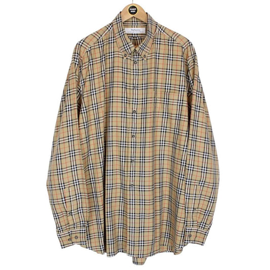 Vintage 90s Burberry Tan Brown Nova Check Long Sleeve Cotton Shirt