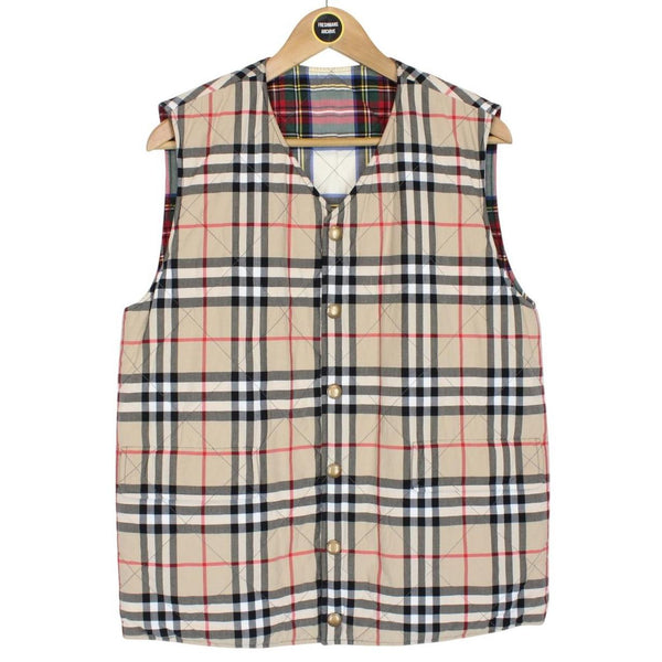 Burberry Tan Brown and Multicoloured Nova Check Reversible Quilted Vest Jacket