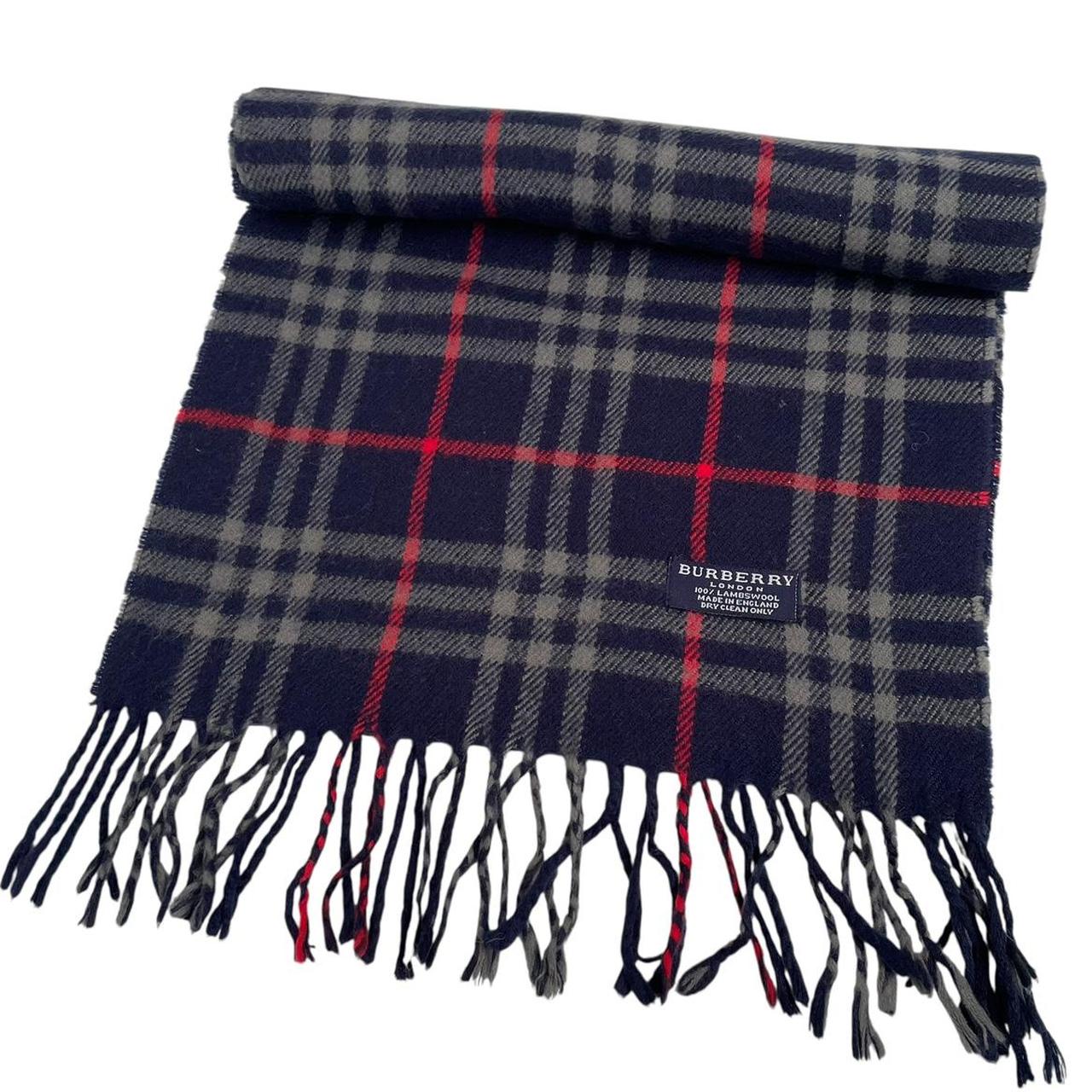 Vintage 90s Burberry Navy Blue Check Lambswool Scarf