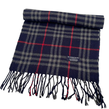 Vintage 90s Burberry Navy Blue Check Lambswool Scarf