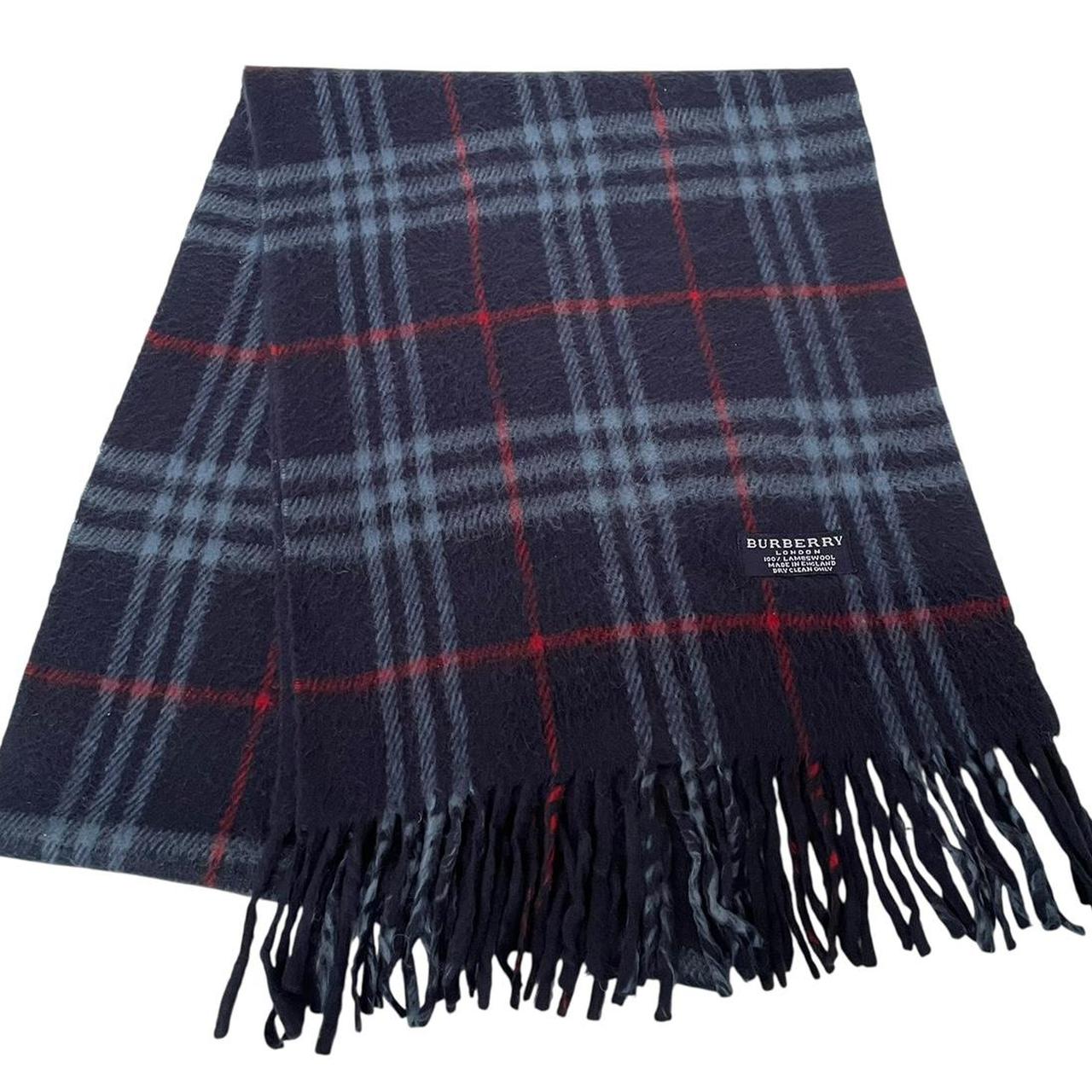 Vintage 90s Burberry Navy Blue Nova Check Lambswool Scarf