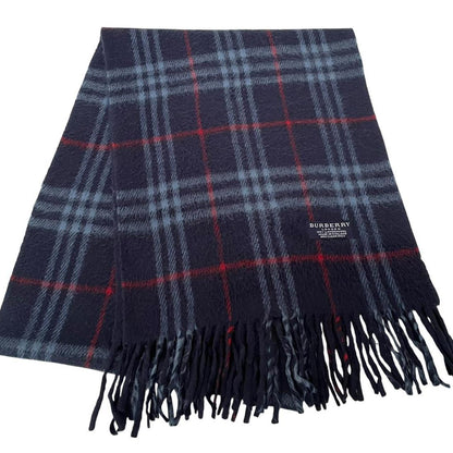 Vintage 90s Burberry Navy Blue Nova Check Lambswool Scarf