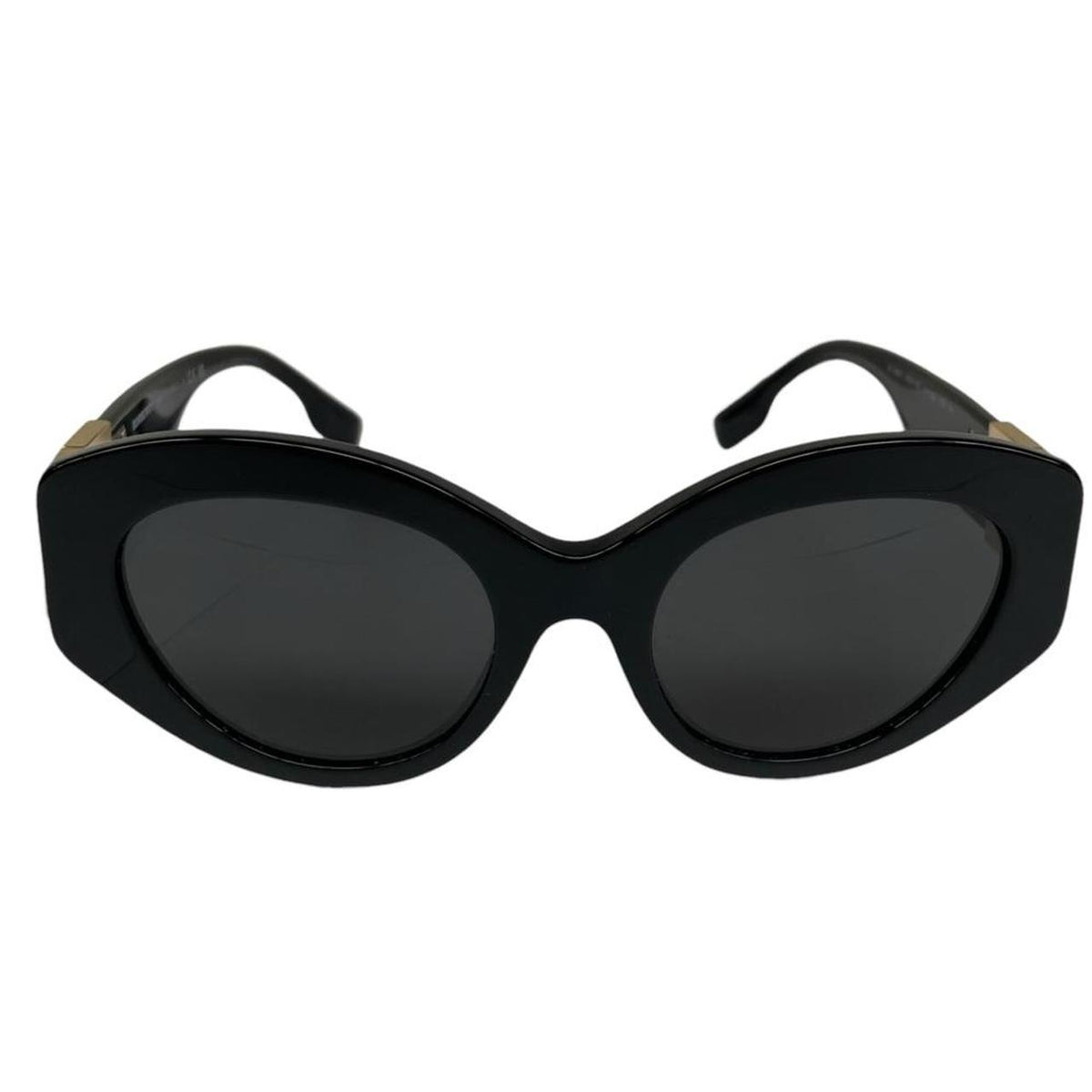 Burberry cat eye sunglasses black and gold with logo detail and case.