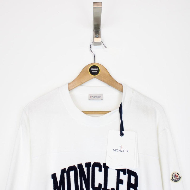 Moncler White and Navy Blue Logo Embroidered Cotton Sweatshirt