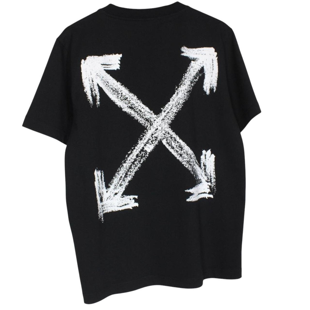 Off-White black cotton t-shirt with white logo print and short sleeves.