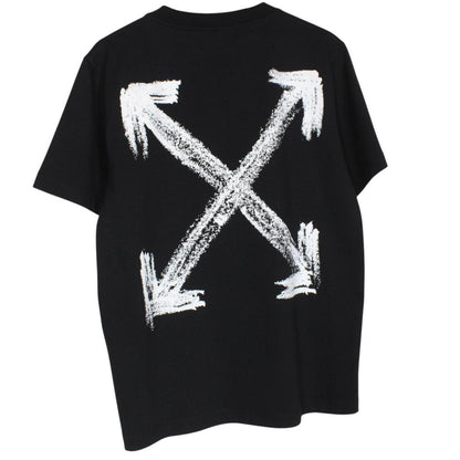 Off-White black cotton t-shirt with white logo print and short sleeves.