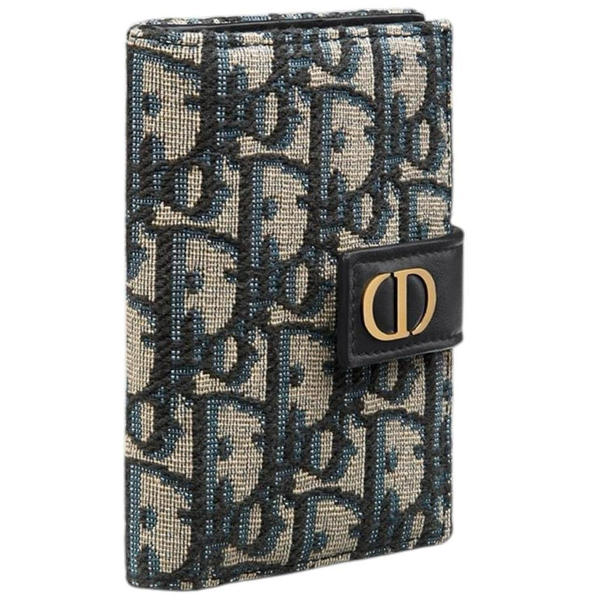 Dior blue card holder featuring Oblique jacquard pattern and dandelion design.