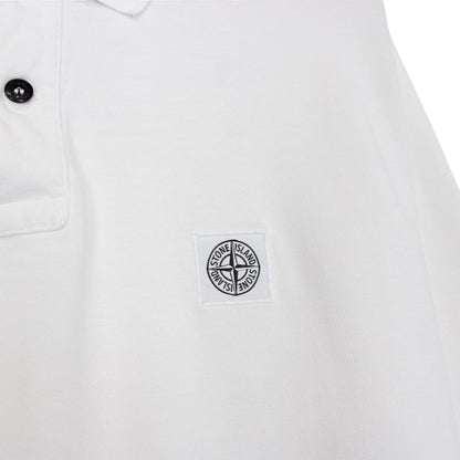 Stone Island white long sleeve polo shirt with embroidered compass logo and slim fit.