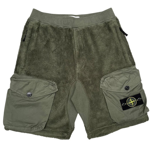 Stone Island AW 2021 Green Teddy Fleece Cotton Cargo Shorts