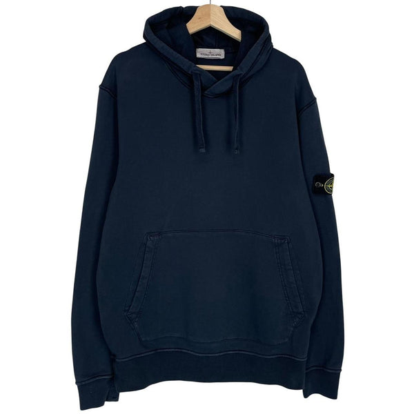 Stone Island navy blue cotton hoodie with iconic compass logo on sleeve.