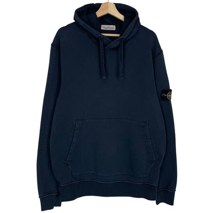 Stone Island navy blue cotton hoodie with iconic compass logo on sleeve.