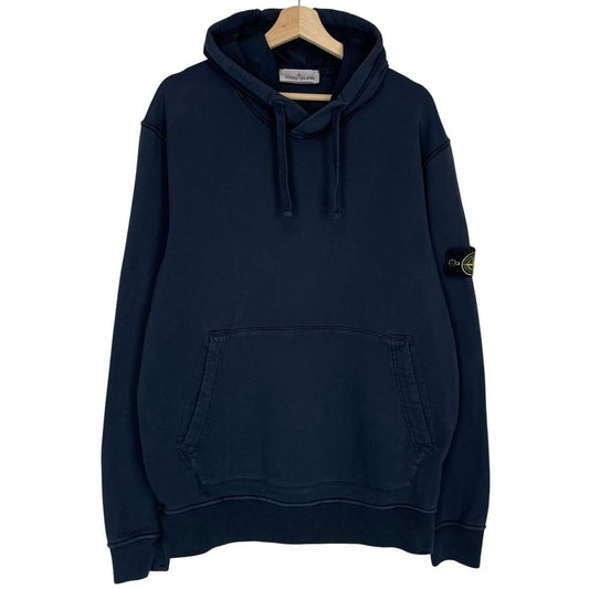 Stone Island navy blue cotton hoodie with iconic compass logo on sleeve.