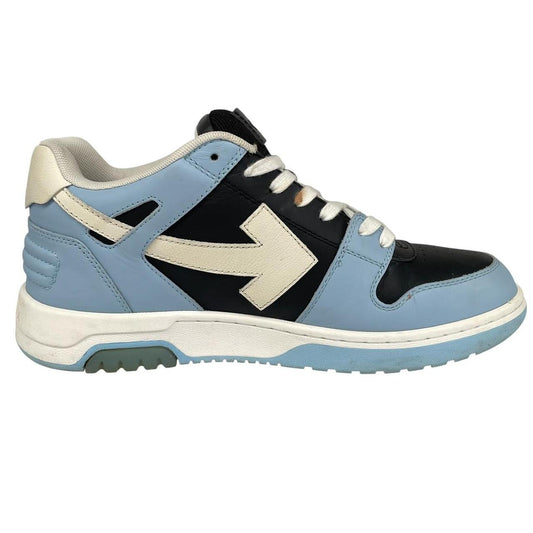 Off-White low top trainers in light blue and black with leather material and logo detail.