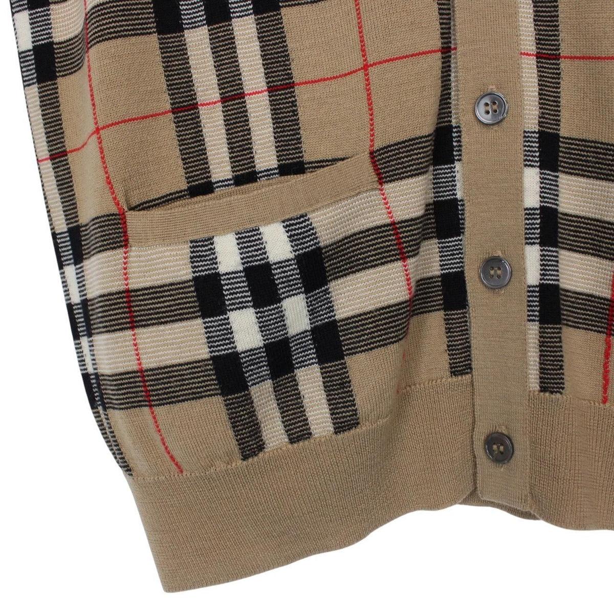 Burberry beige knit sweater vest with Nova Check pattern and merino wool material.