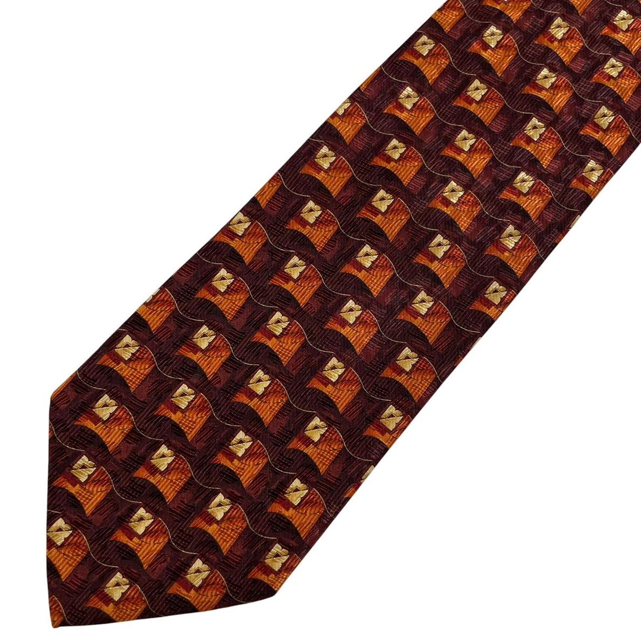 Ermenegildo Zegna brown and orange silk tie with abstract print design.