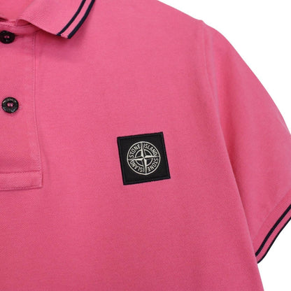 Stone Island pink short sleeve polo shirt with embroidered compass logo, cotton material.
