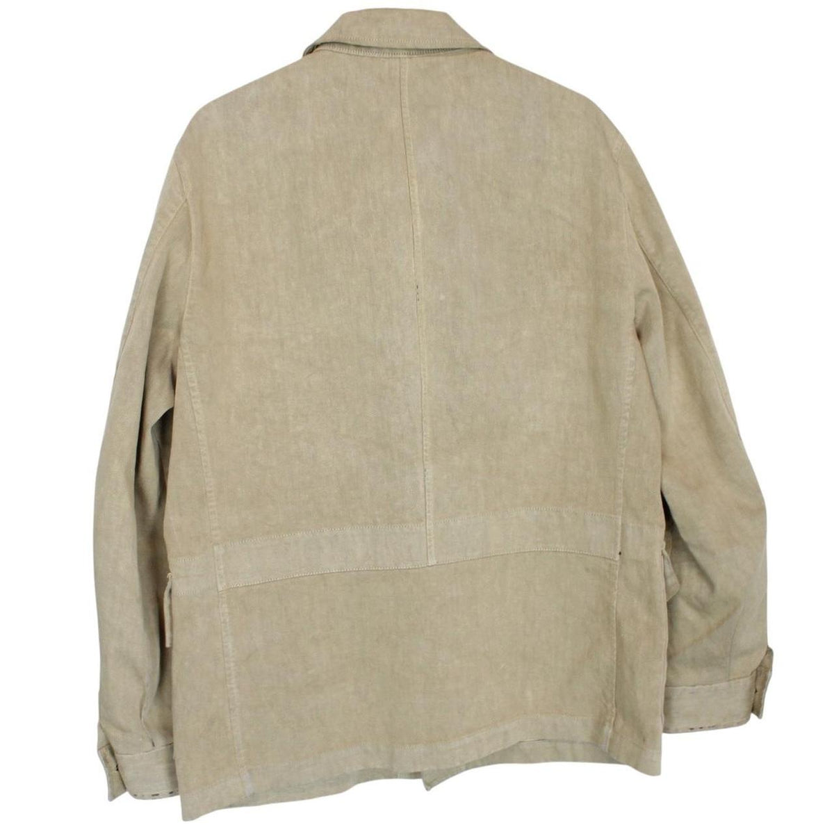 Stone Island beige multi-pocket jacket with logo patch and linen material.