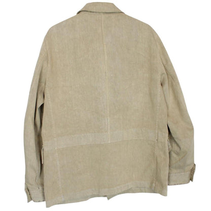 Stone Island beige multi-pocket jacket with logo patch and linen material.
