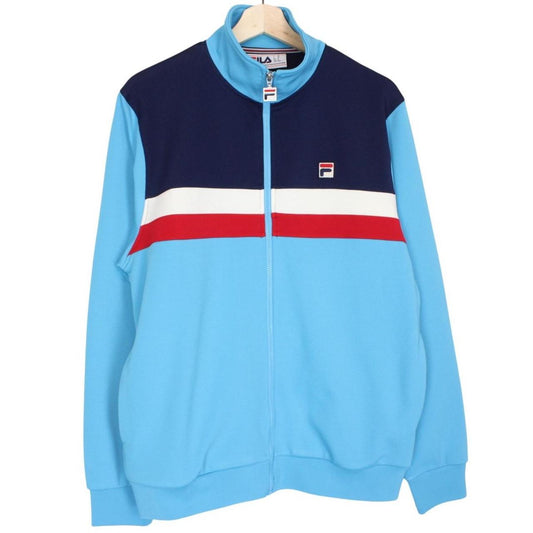 Fila blue track jacket with white stripes and embroidered logo on chest.