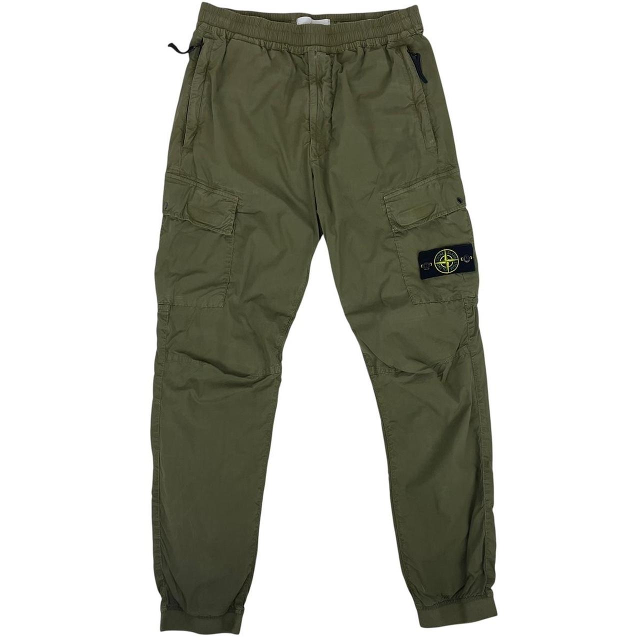 Stone Island khaki green cargo trousers with logo patch and multiple pockets.
