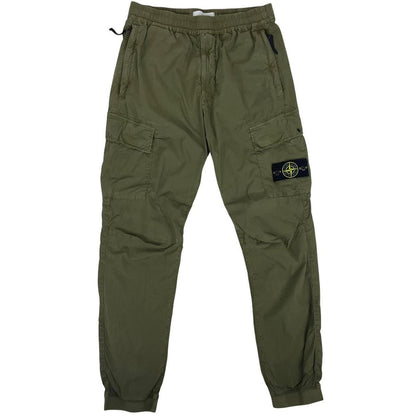 Stone Island khaki green cargo trousers with logo patch and multiple pockets.