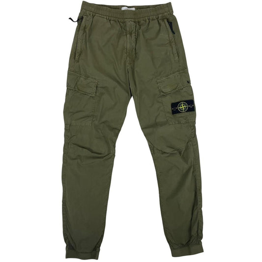 Stone Island khaki green cargo trousers with logo patch and multiple pockets.