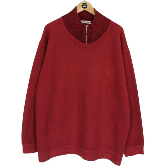 Vintage 1992 Stone Island Burgundy Cotton/Nylon 1/4 Zip Logo Jumper