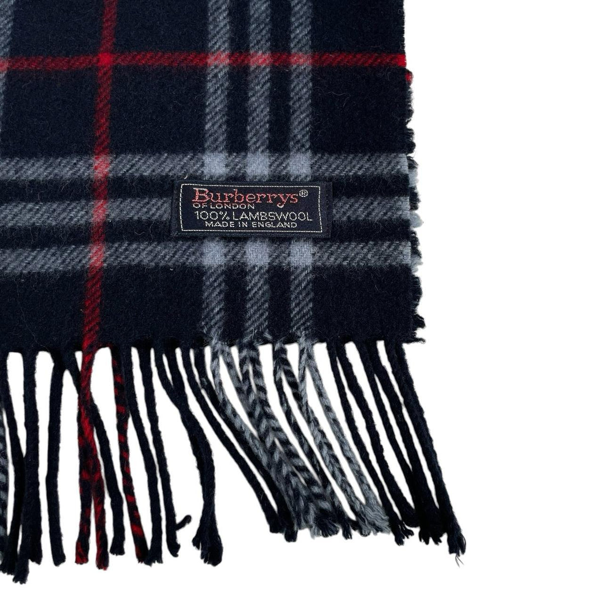 Burberry navy blue lambswool scarf with iconic Nova Check pattern.