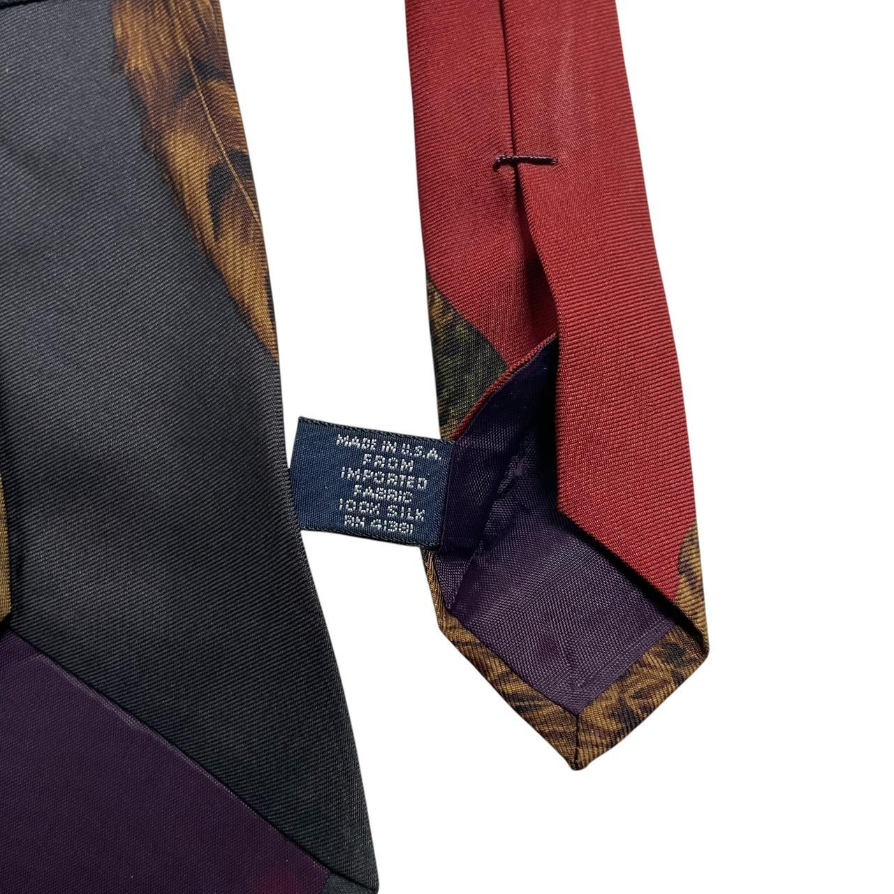 Polo Ralph Lauren burgundy silk tie with green pheasant print pattern.