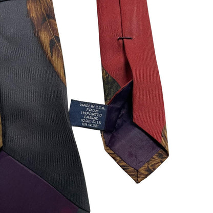 Polo Ralph Lauren burgundy silk tie with green pheasant print pattern.