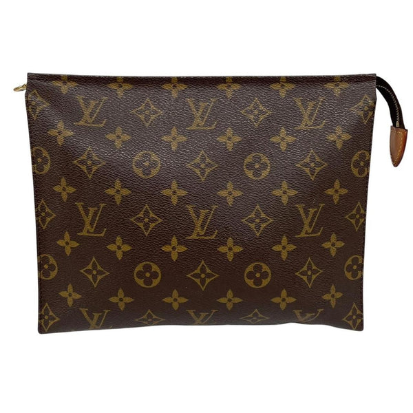 Louis Vuitton brown and tan monogram toiletry pouch with white logo details.