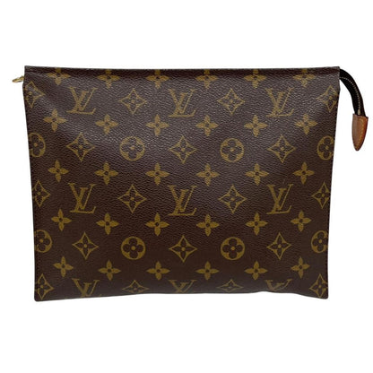 Louis Vuitton brown and tan monogram toiletry pouch with white logo details.